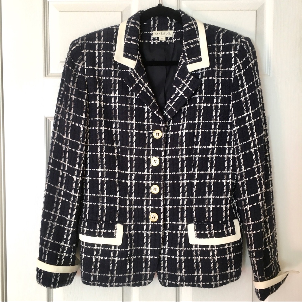 Ann Taylor Navy Plaid Tweed Blazer with Cream Trim Accents